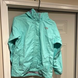 The North Face kids rain jacket. Teal with purple inside. XL (18).